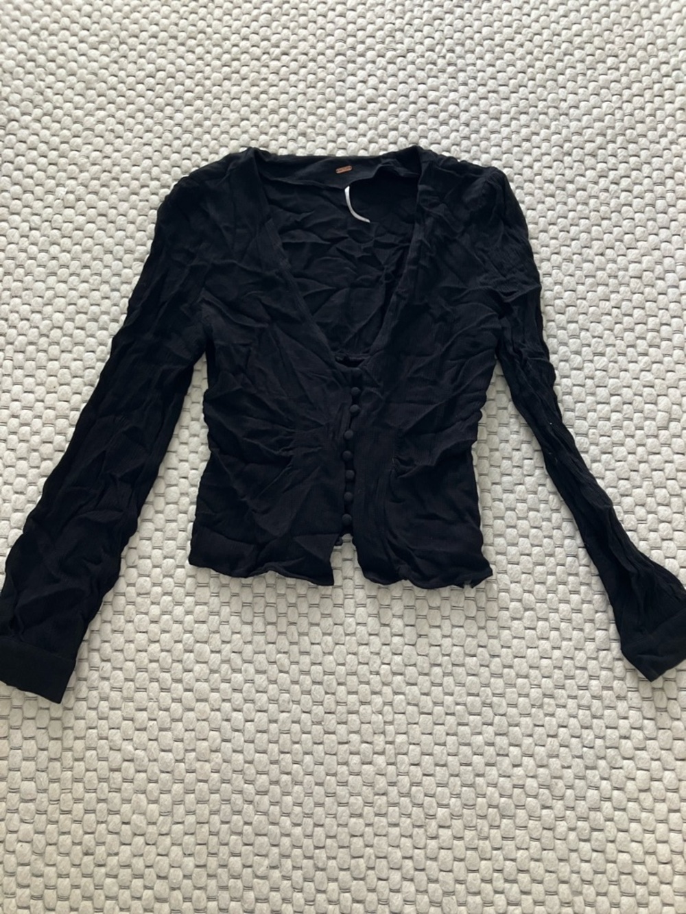 Free People Black Long Sleeve Button-Front V-Neck Top